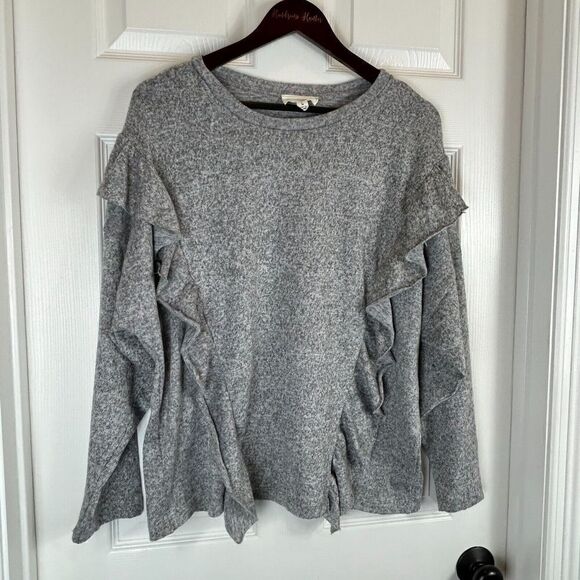 Coverstitched Womens Gray Sweater Sz L Long Sleeve Pullover Ruffled Soft Top U - Picture 2 of 11